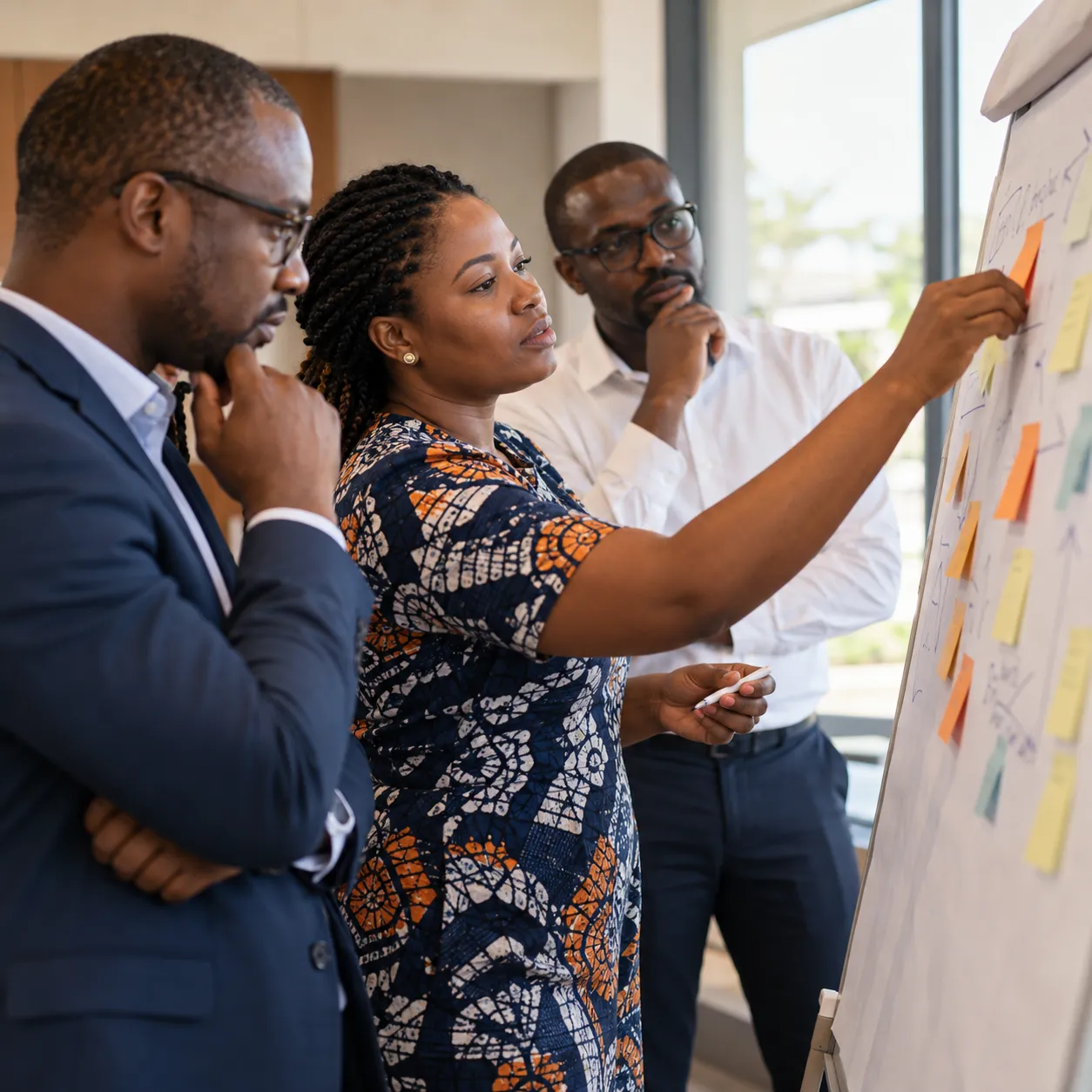 Atelier de travail : une équipe structure ses priorités au tableau